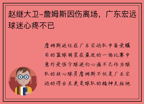 赵继大卫-詹姆斯因伤离场，广东宏远球迷心疼不已